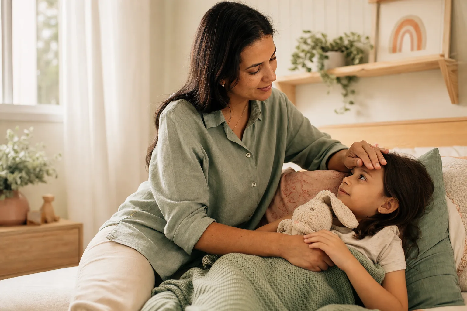 Mãe cuidando da filha com carinho em casa